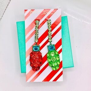 Betsey Johnson Red and Green Crystal Jingle Bell Christmas Earrings